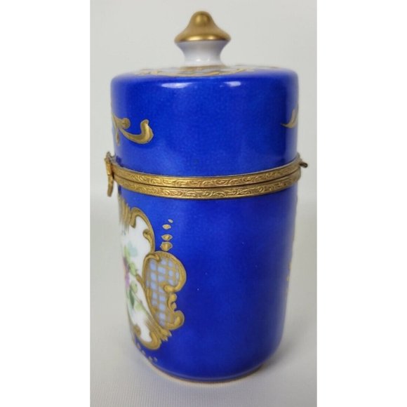 Vintage Limoges Main Hand Painted Blue Gold Floral Trinket Box Pillbox France - Picture 7 of 10